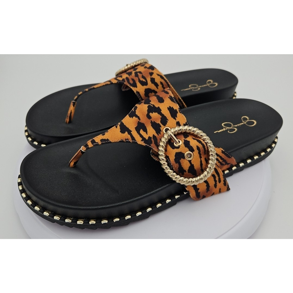 Jessica Simpson CYMMERI Slide Thong Sandal‎ Brown Cheetah Print Gold Buckle EUC